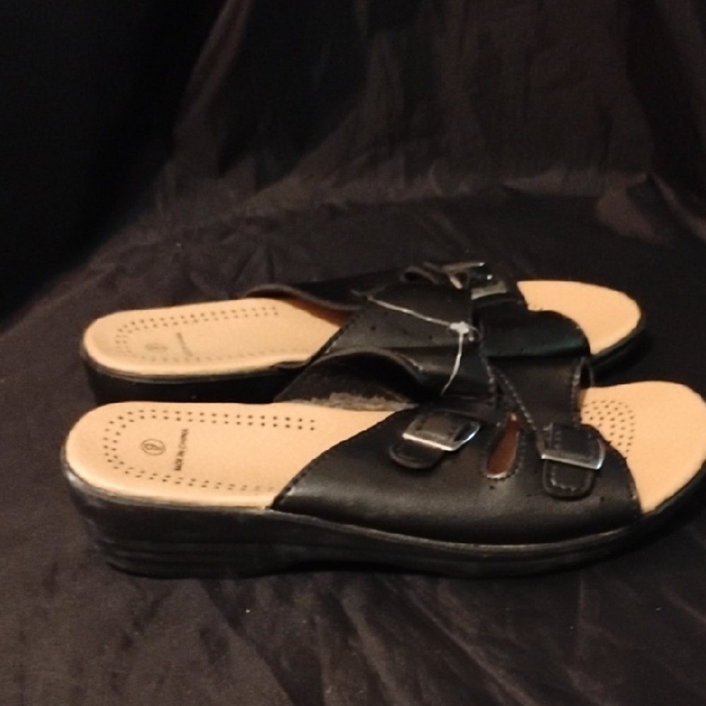 Black Slide Sandals with Buckle Detail